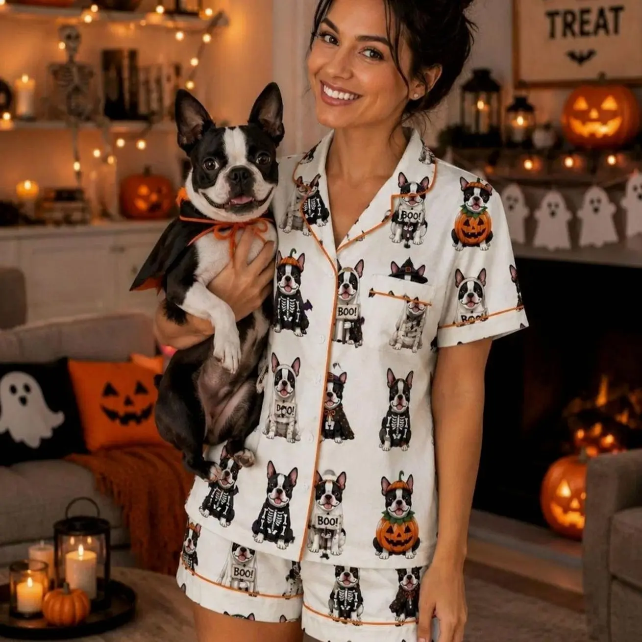 Halloween Boston Terrier Pajama Set, Matching Family Halloween PJs, Adult & Kids Dog Pajamas, Spooky Boston Terrier Sleepwear