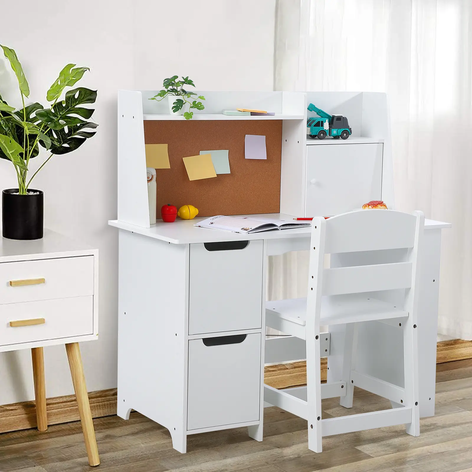 Kids Desk and Chair Set - Multi-Function Wooden Kid Friendly Furniture with Hutch, Bookshelf, Storage Cabinets, Bulletin Board, 15.55x16.34x29.13/35.83x18.11x39.37 Inches, 63.49 Lbs - Ideal for 3-8 Year-Olds Home Study, Wood, Boys And Girls