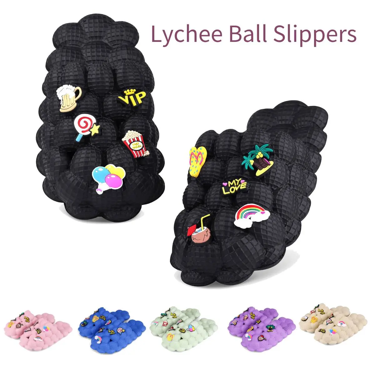 SANPON Women's Lychee Bubble Slide Slippers, Cute Slip On DIY Massage Footwear with Charms, Thick Non-Slip EVA Sole for Indoor/Outdoor Use, Ankle