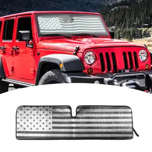 Foldable Reflective Aluminum Foil Car Sunshade Windshield Outside, Self-Adhesive Windshield Cover for Jeep Wrangler TJ JK JKU American Flag Front Window Sun Visor Accessory