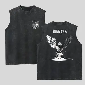 Retro Anime Attack On Titan Washed Tank Top, Gym Essential, Vintage Casual Crewneck Sleeveless Menswear T-shirts Classic Cotton Fabric Streetwear