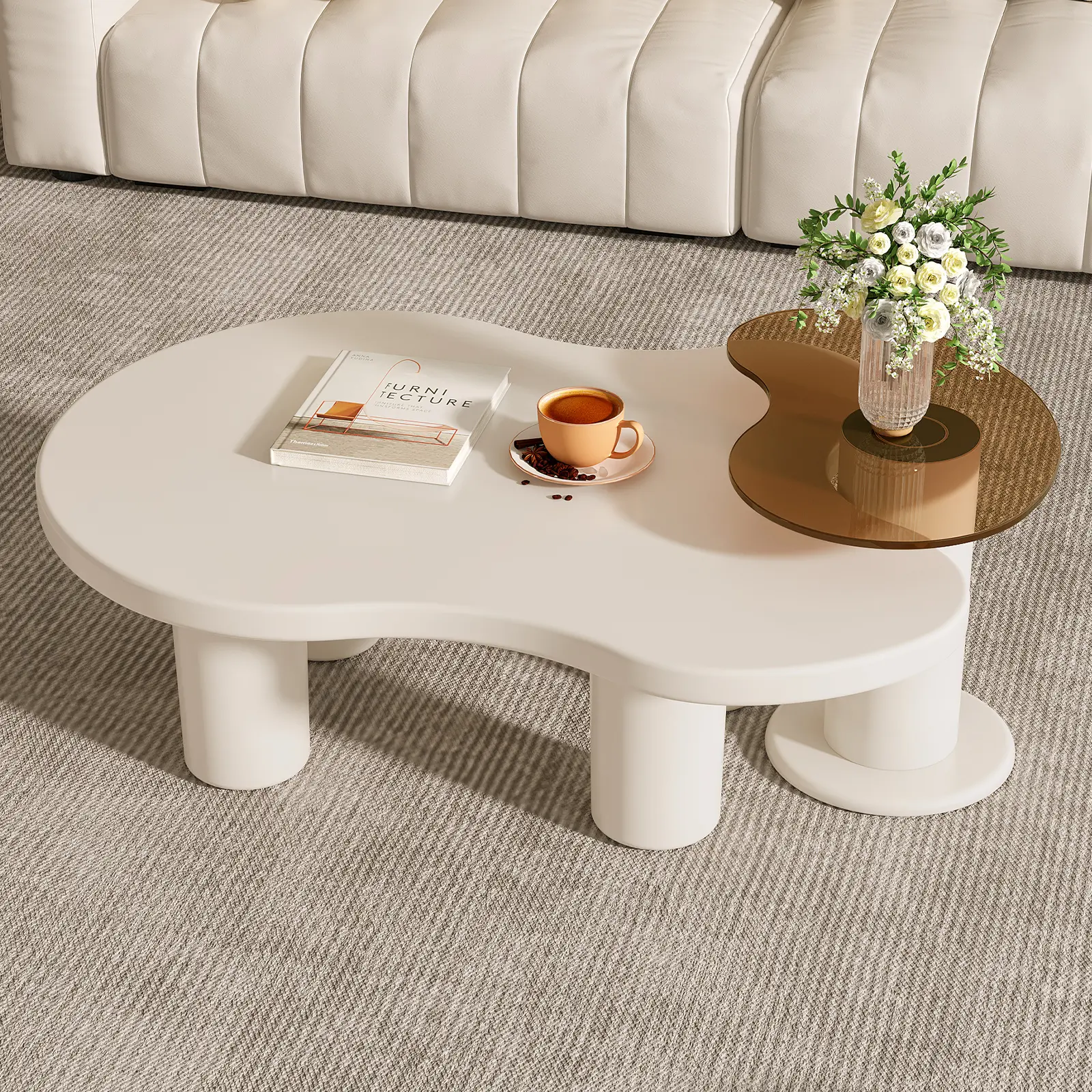 Guyii Creamy White Nesting Coffee Table Set of 2 with Tempered Glass Side Table Modern 2-in-1 Design for Living Room & Bedroom Easy Assembly Anti-slip Pads Safety-Focused Round Edges