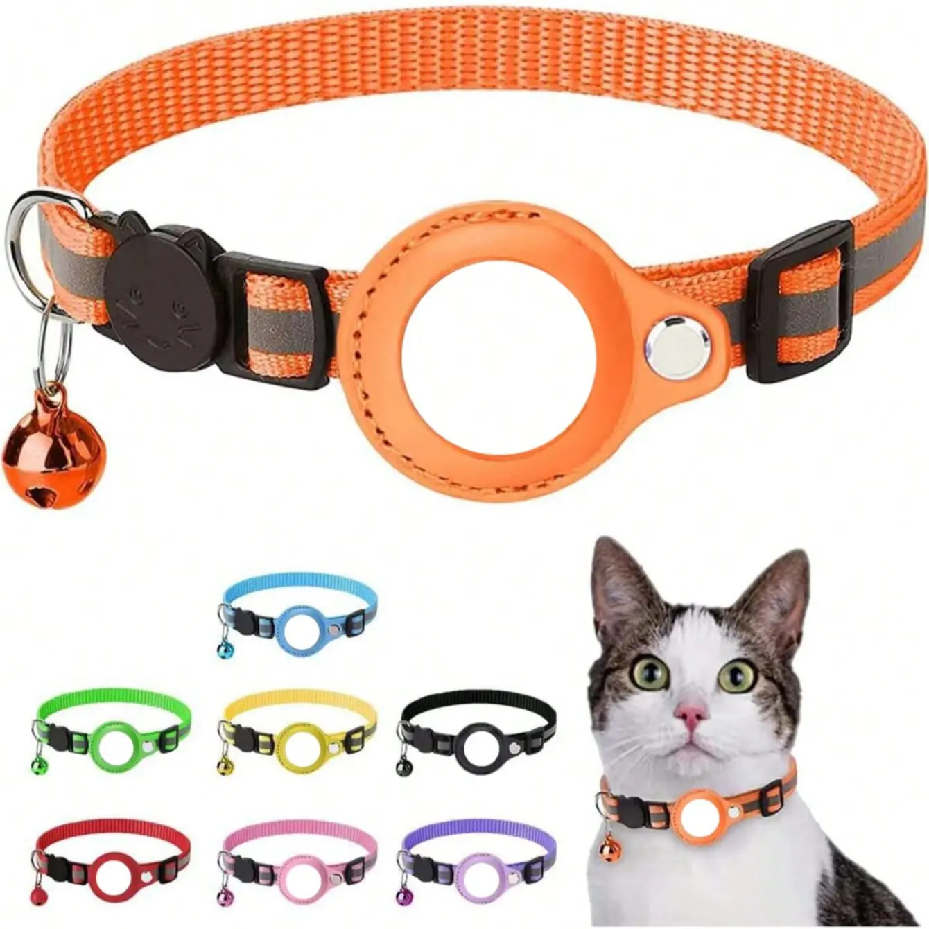 Pet GPS Tracker Collar Compatible with Airtag, Reflective PU Leather Cat Collar, Anti-Loss Tracking Device, Night Visibility Protection