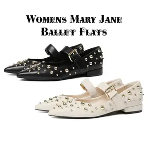 CYNLLIO Womens Ballet Flats Pointed Toe Block Heel Rivet Buckle Strap Closure Slip on Mary Jane Shoes Casual Office Ballerina Flats