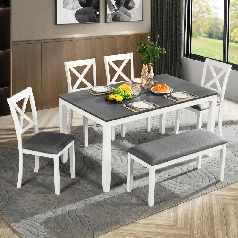 [SOIYELIFE] Modern 6-Piece Dining Set with Bench - Rubberwood Table & Upholstered Chairs (58.5"L x 34.5"W) - Waterproof MDF Top & 330lbs Capacity - Grey/White Two-Tone Design for Dining Room & Kitchen