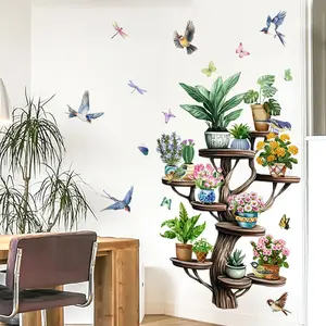A set (30*90cm*2pcs) of 2D flat wall stickers with tree stumps, leaves and birds for home decoration, self-adhesive wall stickers, M18119-KL