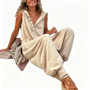Women's Sleeveless Hooded Jumpsuit - Distinctive Button Design, Loose Relaxed Fit