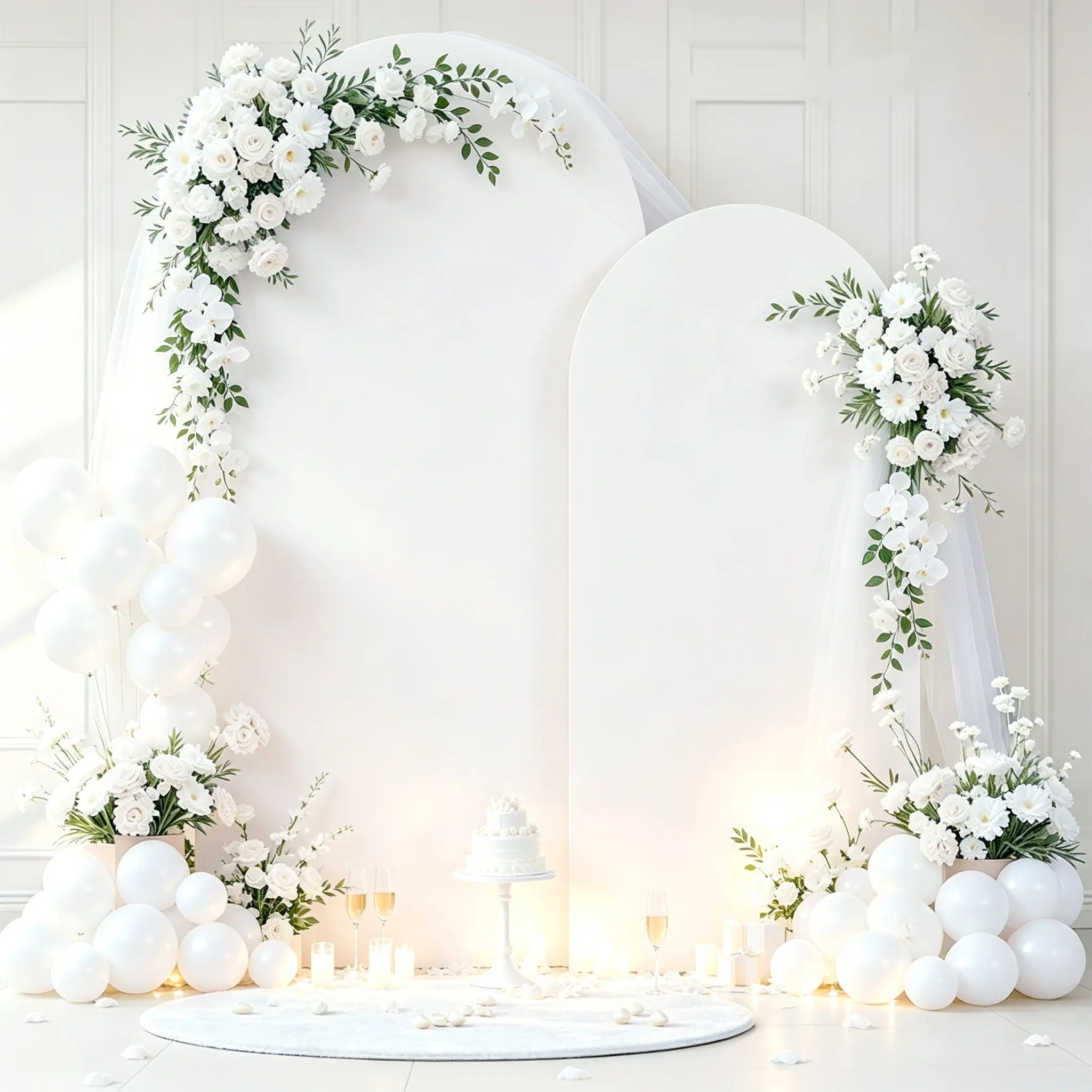 White arch backdrop fabric, available in 4 ft/5 ft/6 ft/6.6 ft/7.2 ft lengths, reusable, stretchy fit, easy to install, suitable for weddings, birthdays, holiday parties, banquets, Halloween, and Christmas.