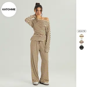 KatchMe Women's Casual Sloping Shoulder Bold Stripe Long Sleeve Top & Drawstring Waist Loose Trousers Co-ord, Striped Lounge Set, Comfort Two Piece Outfits (2)