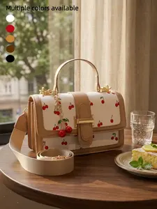 Cherry Print Crossbody Shoulder Bag, Fashionable Patterned Bag, Elegant Lady Bag with Cherry Pendant, Perfect for Parties and Daily Use, Office and Casual Outing, Fashion Crossbody Purse