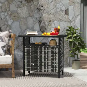 Outdoor Pool Towel Storage Cabinet Organizer, Outdoor Bar Table with Shelf and Cabinet, Pool Towel Holder Pool Valet with Weather-Resistant PE Rattan and Steel Frame, Mixed-Gray