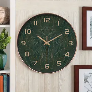 Elegant Green & Golden Leaf Design Wall Clock - Silent, Round Quartz Movement for Living Room, Bedroom, Kitchen, Bathroom, Office Decor (Battery Not Included), Return School, Spring Plastic