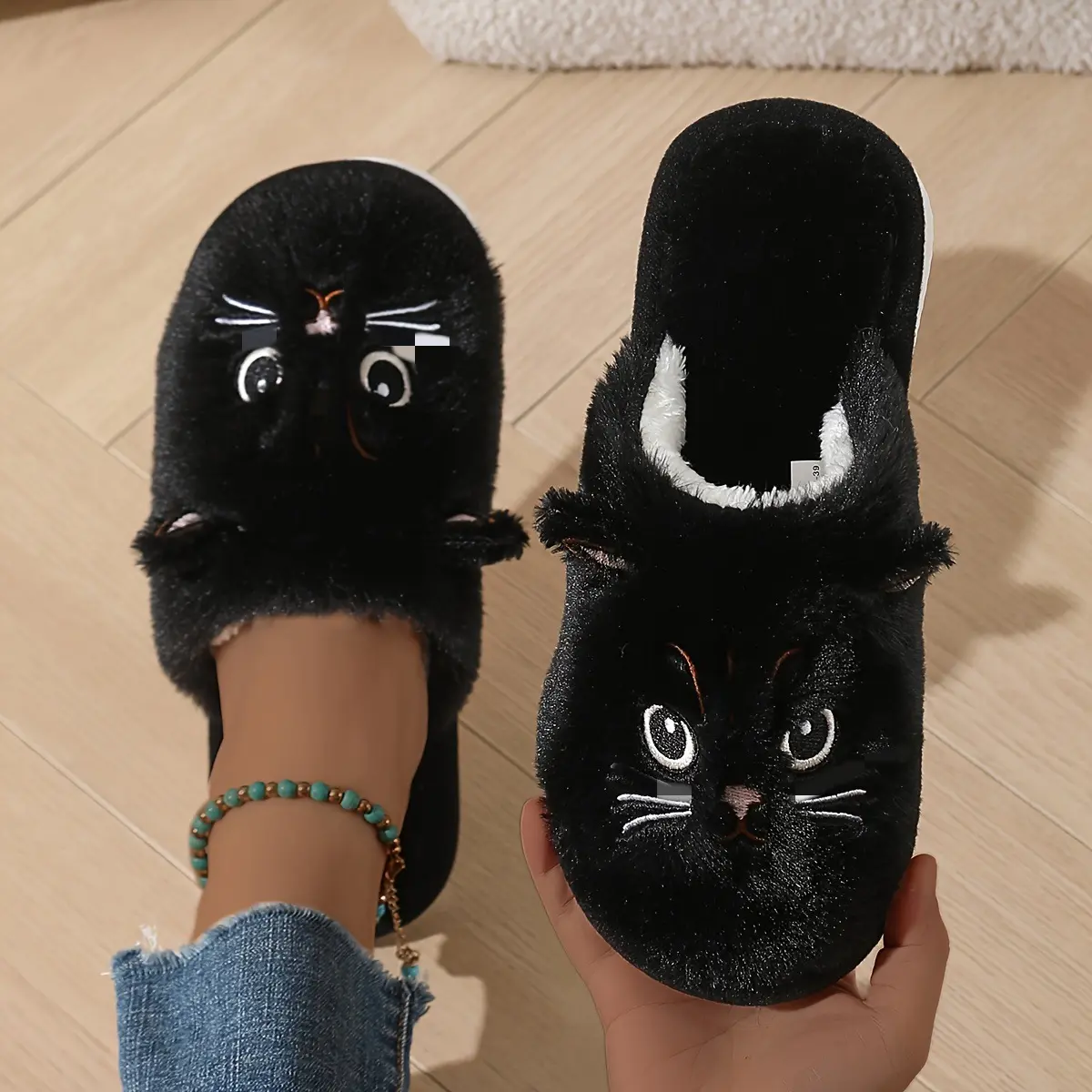 FEITAI Women's Plush Cat Slippers - Winter Warm Non-Slip Indoor House Shoes with Cute Cartoon Kitty Design, Soft EVA Sole & Cozy Fabric for Home Use, Cute SlippersGift