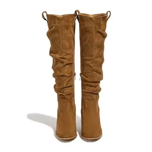 Women's Extra Wide Calf Cowboy Knee High Boots, Wide Width Cowgirl Slouchy Boots Chunky Pump Heel Plus Size Western Boots.
