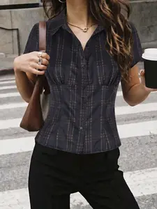 Women's Casual Plaid Pleated Top, Button Shirt, Vintage Style, Streetwear, Slim Fit, Spring Summer, Daily Wear, Commute, Date Night