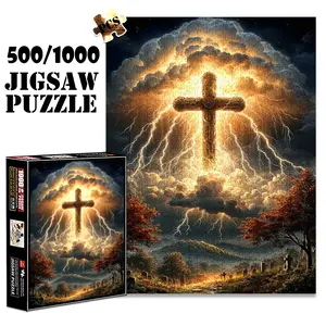 1pc 1000 piece adult puzzle 70x50cm Cross with Lightning and Clouds over Cemetery 500 pieces paper jigsaw puzzle suitable for DIY creative games for adults and families, birthday and holiday stress