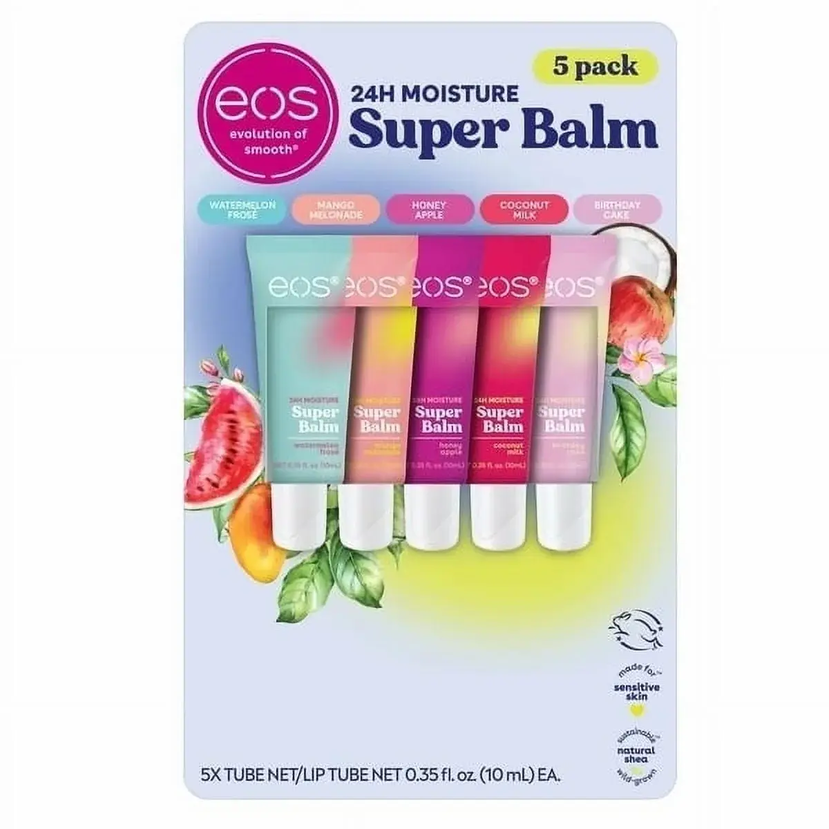 eos Super Balm Moisturizer, Creamy Hydrating Formula for 24-Hour Moisture, Gives Deep Hydration for Soft Skin and Lips, 5 Tube Pack, Balm Level Hydration, Contains Neither, Cream Like Hydration, Deep Moisturizing Formula