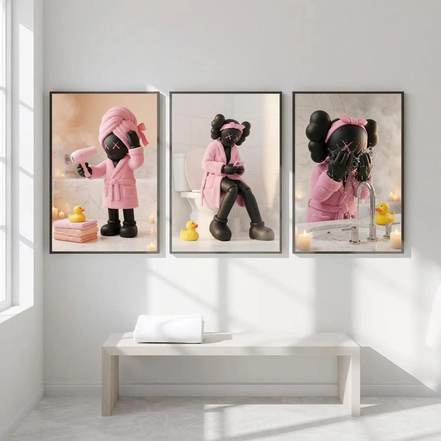 Funny Bathroom HypeBeast Kaws Style Wall Art Poster Set Of 3, Kaws Inspired Bathroom Decoreful Print