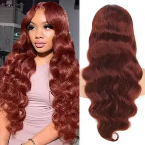 Reddish Brown Body Wave 13x6 HD Transparent Lace Front Wigs For Women Pre Plucked  #33 Colored Straight Human Hair Wigs 180% Density