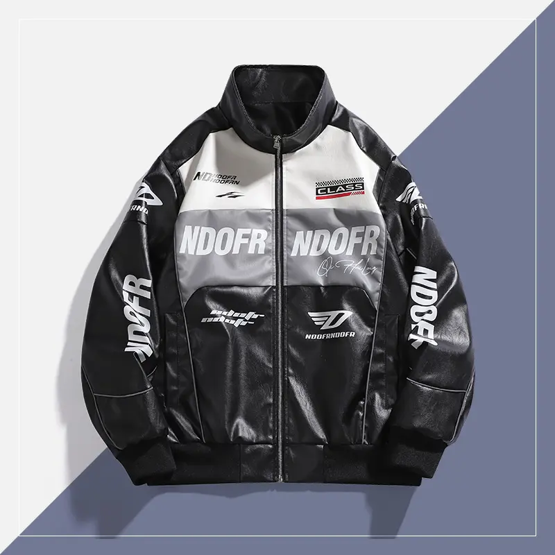 Men's outerwear motorcycle jacketMen Color Block PU Leather Racing Jacket, Letter Graphic Motorsport Zip Up Stand Collar Bomber Coat Y2K Hip Hop Streetwear Motorcycle Outerwear