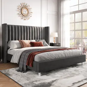 Amerlife King Size Modern Upholstered Platform Bed Frame - Vertical Channel Velvet Tufted Headboard, Extra Height, No Box Spring Needed, Quick Setup, Ideal Christmas Gift, Modern Upholstered Bed, Upholstered Platform Bedframe