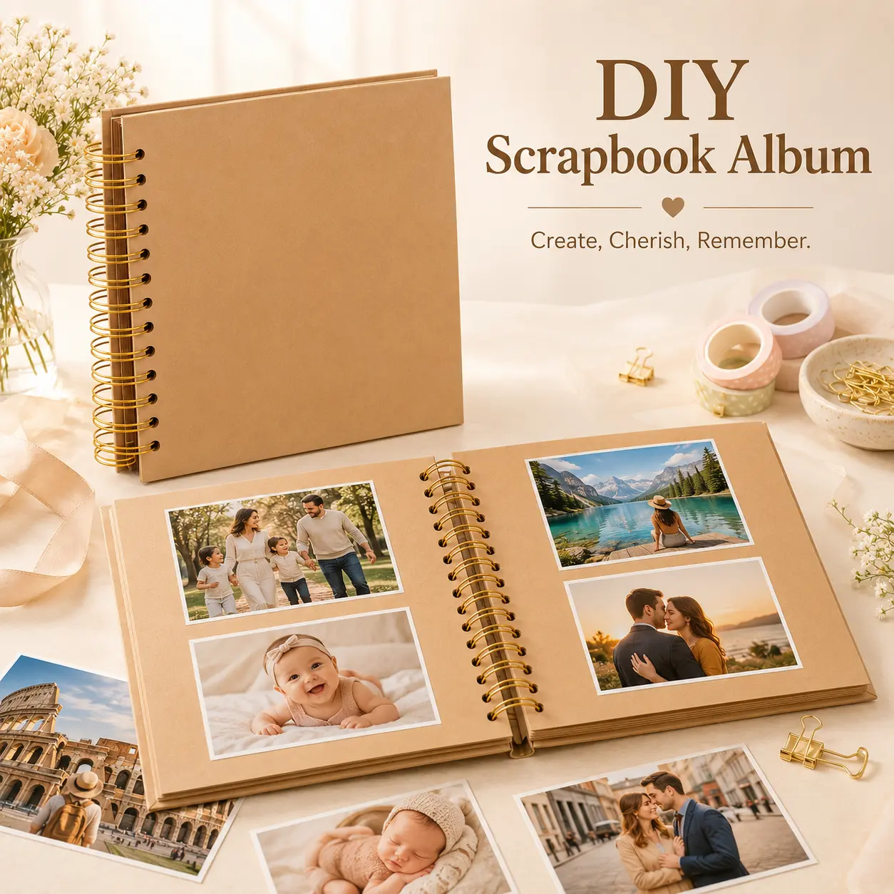 [DealsForYouDays] 8x8 in Spiral Bound DIY Scrapbook Album - 40 Pages Kraft Paper Blank Journal, Photo Album with Writing Space for Memory Keeping, Personalized Gift for Loved Ones
