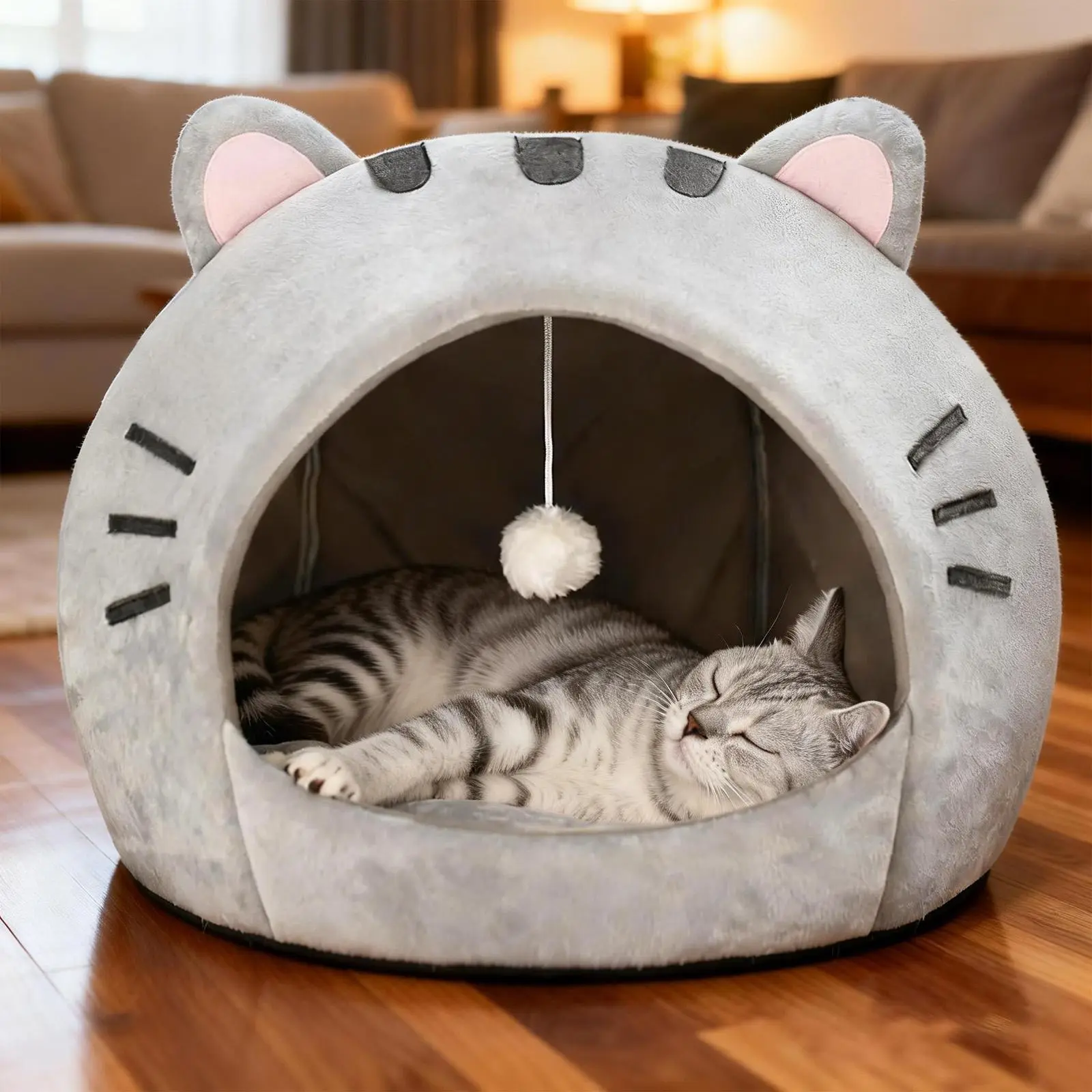 Anxiety Relief Cat Bed for Home - Semi-Enclosed Calming Cave with Hanging Toy, Washable Pet Furniture Bed