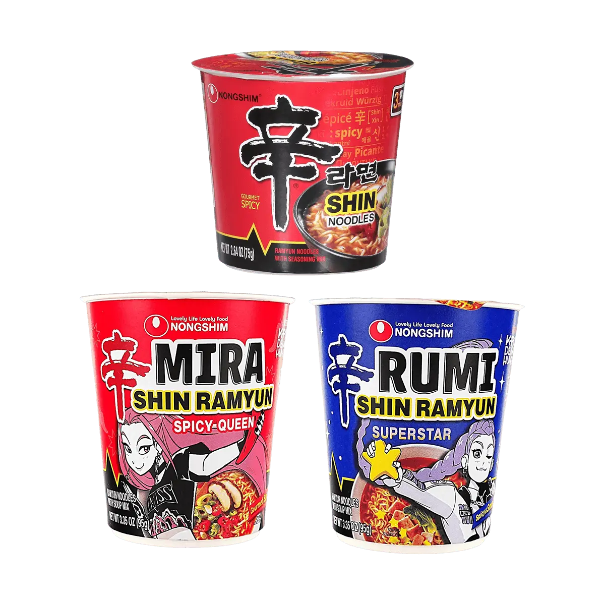 NONGSHIM Shin Ramyun Korean Instant Noodles Variety Pack - Spicy Beef, Cheese Smoked Sausage Flavors - 6 Cup Combo (530g) - K-Pop Demon Hunters Limited Edition