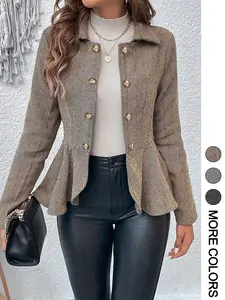 Women's Gingham Print Ruffle Hem Button Front Fitted Jacket, Coats, Casual Long Sleeve Collared Outerwear for Spring & Fall, Ladies Clothes for Daily Wear Everyday, Womenswear