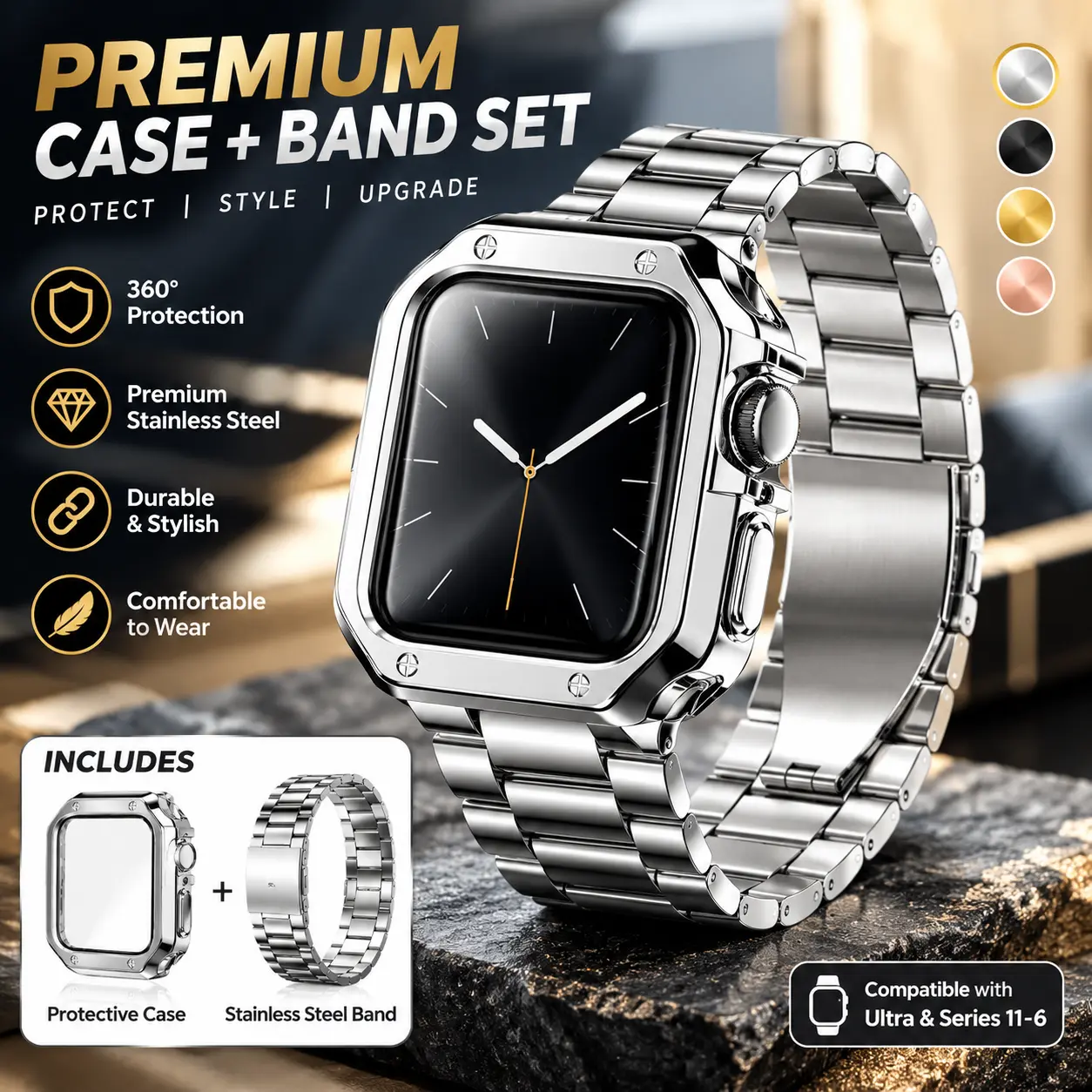 Stainless Steel Watch Case & Band Set, Protective Metal Case with Adjustable Link Bracelet, Premium Smartwatch Strap Cover Combo Compatible with Ultra & Series 12-6, 49mm 45mm 44mm 42mm