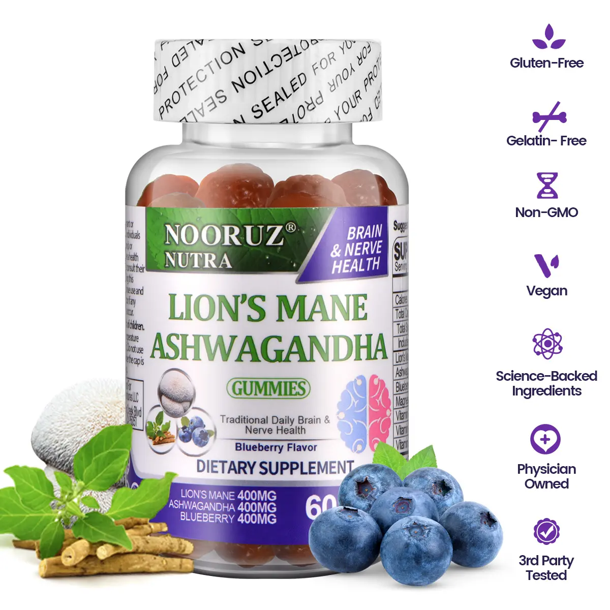 TikTokShopBlackFriday NOORUZ Ashwagandha & Lion's Mane & Blueberry Gummies Vegan Plant-Based Extracts/GMO-Free/Gluten-Free/Gelatin-Free Supports Cognitive and Memory Health Essential Minerals Supplement Essential Aminos Adaptogenic Mushrooms Healthcare