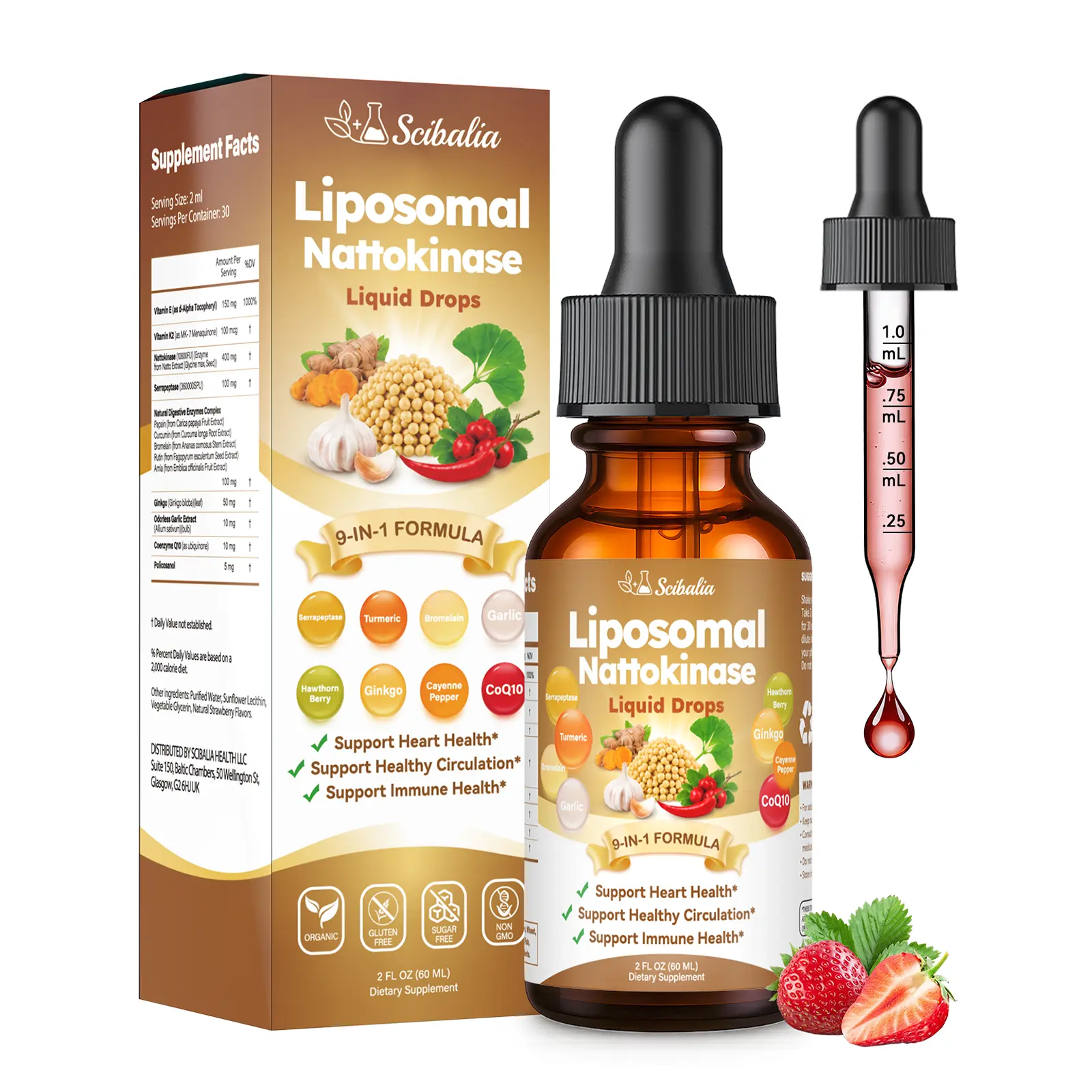 Nattokinase 10800 FU Supplement Liquid Drops, Ultimate 9-in-1 Natto -kinase Serrapeptase Enzyme Blend w. Bromelain Curcumin CoQ10 K2 MK7 for Circulatory Heart & Digestive Spike, Liposomal Tech Fitness Dietary