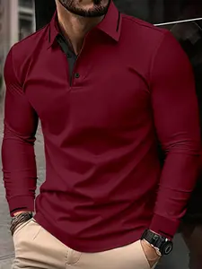 Men's Long Sleeve Plain Fitted Polo Shirt, Classic Casual Fashion Button Collar Design, Perfect for Spring & Fall Seasons, Daily Wear Men's Clothing