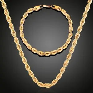14K Gold Plated Twisted Rope Chain Necklace & Bracelet Set for Men Women Hip Hop Streetwear Durable Waterproof Anti-tarnish Jewelry Gift Premium Alloy Sturdy Clasp