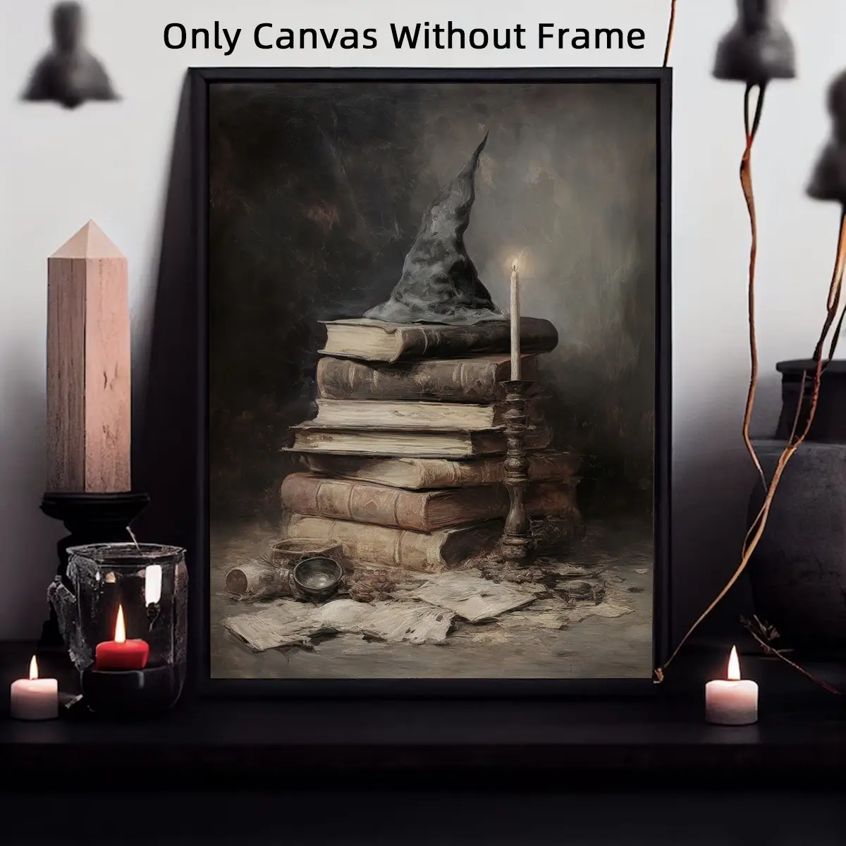 1Pc Optinal Frame Witch Hat And Her Grimoire Wall Art, Canvas Art And Prints For Walls, Halloween Poster, Dark Art, Room Decor, Waterproof Canvas Wall Art, Artwork Wall Painting For Gift, Bedroom, Living Room, Home Decoration
