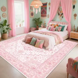 Washable Boho Pink Area Rug, Ultra Soft Faux Cashmere Vintage Rug For Home Decor, Non-Slip And Soft Rug, Modern Bedroom Rugs, Vintage Rug For Kitchen And Office, Home Decor, Bedroom Mat, Elegant Floor Mat