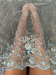 Baby Blue/Gold Embroidered Lace