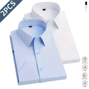 Men’s Summer Short-Sleeve Shirt Set of 2 | Ice Silk Fiber Fabric | Business Casual, Solid Color, Button Closure, Regular Fit, Suitable for Office or Casual Wear