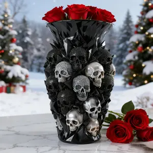 Black Skull Vase Decor, Gothic Resin Planter Statue, Indoor Outdoor Garden Patio Home Decoration for Farmhouse, Living Room, Kitchen, Bedroom, Dining Room, Bookshelf, Coffee Table, Office and Mantel, Vintage Dark Style Ornament for Halloween
