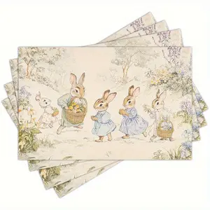 4/6pcs Classic Rabbit And Friends Multi-Position Printed Placemats - Washable, Suitable for Holiday Parties, Home Decor, Kitchen Countertops, And Rectangular Dining Celebrations