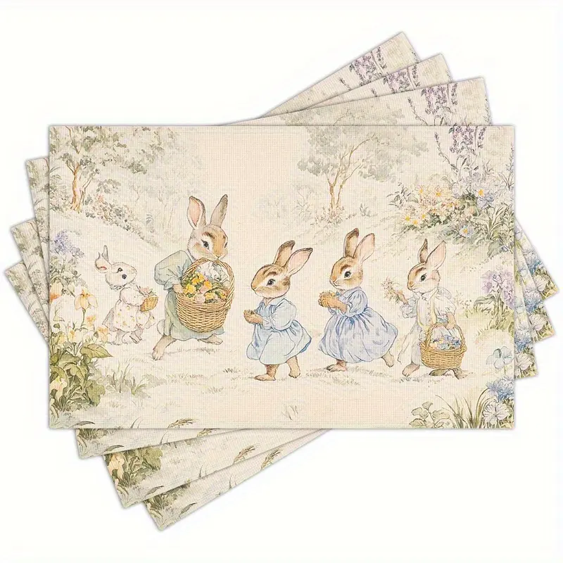 4/6pcs Classic Rabbit And Friends Multi-Position Printed Placemats - Washable, Suitable for Holiday Parties, Home Decor, Kitchen Countertops, And Rectangular Dining Celebrations