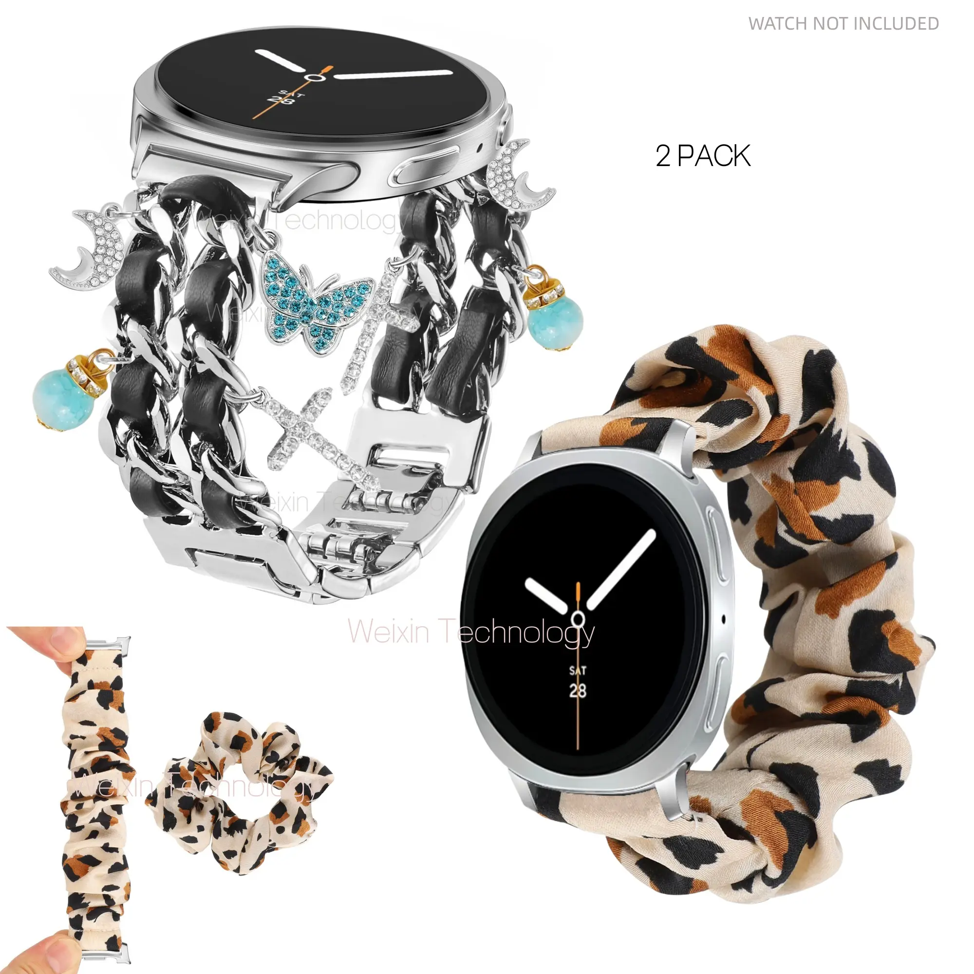Silver bracelet strap with charm compatible with Samsung Galaxy Watch 8 40mm/44mm, Smart Watch Accessories, Smartwatch Accessories, metal strap suitable for Galaxy Watch 8 Classic 46mm, Cuban chain butterfly pendant strap