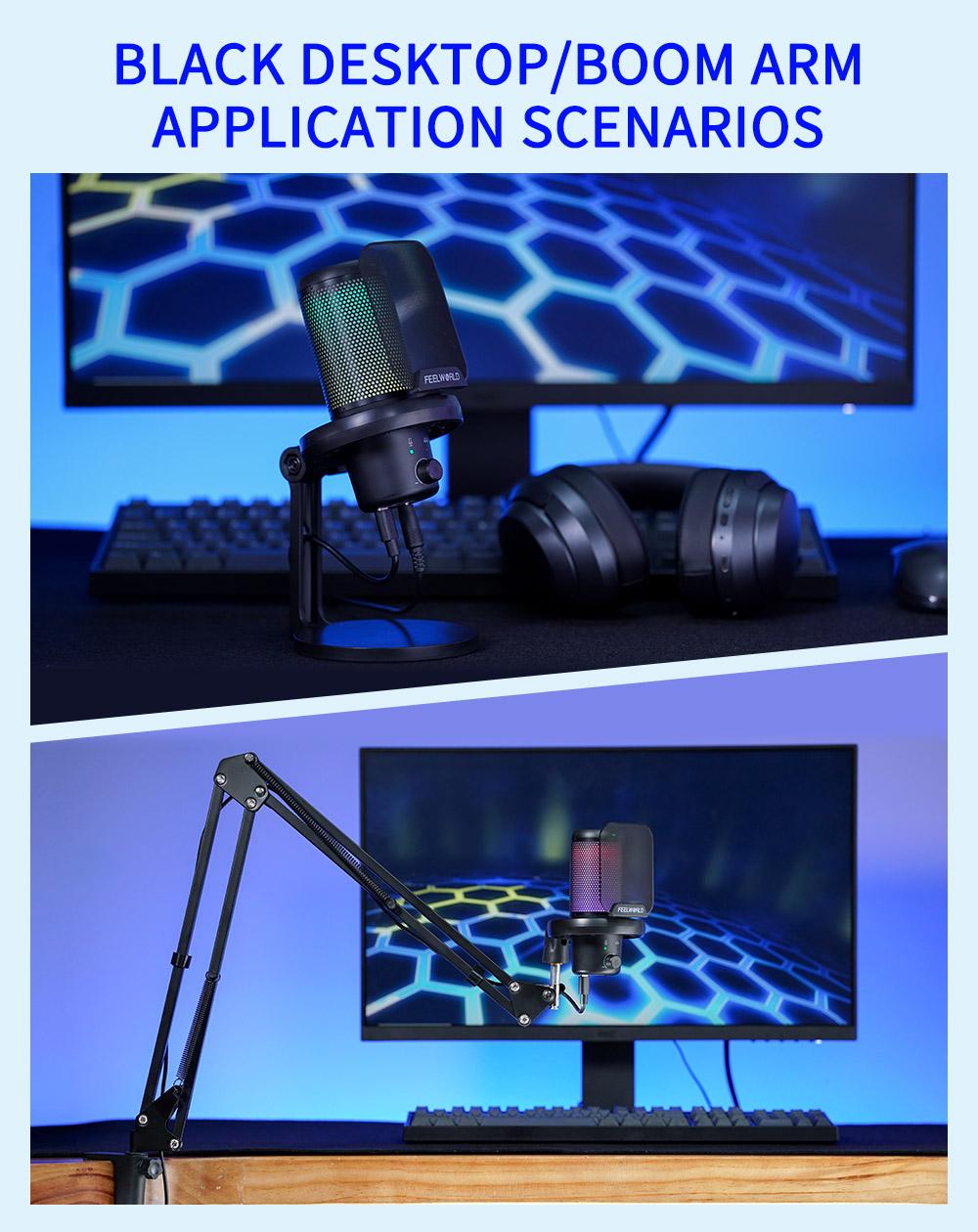 FEELWORLD VM1 White Gaming PC USB Microphone with Boom Arm Stand Noise Cancellation RGB Light Mute for Gamer YouTube Twitch Podcast Streaming Recording Chat PS4 PS5