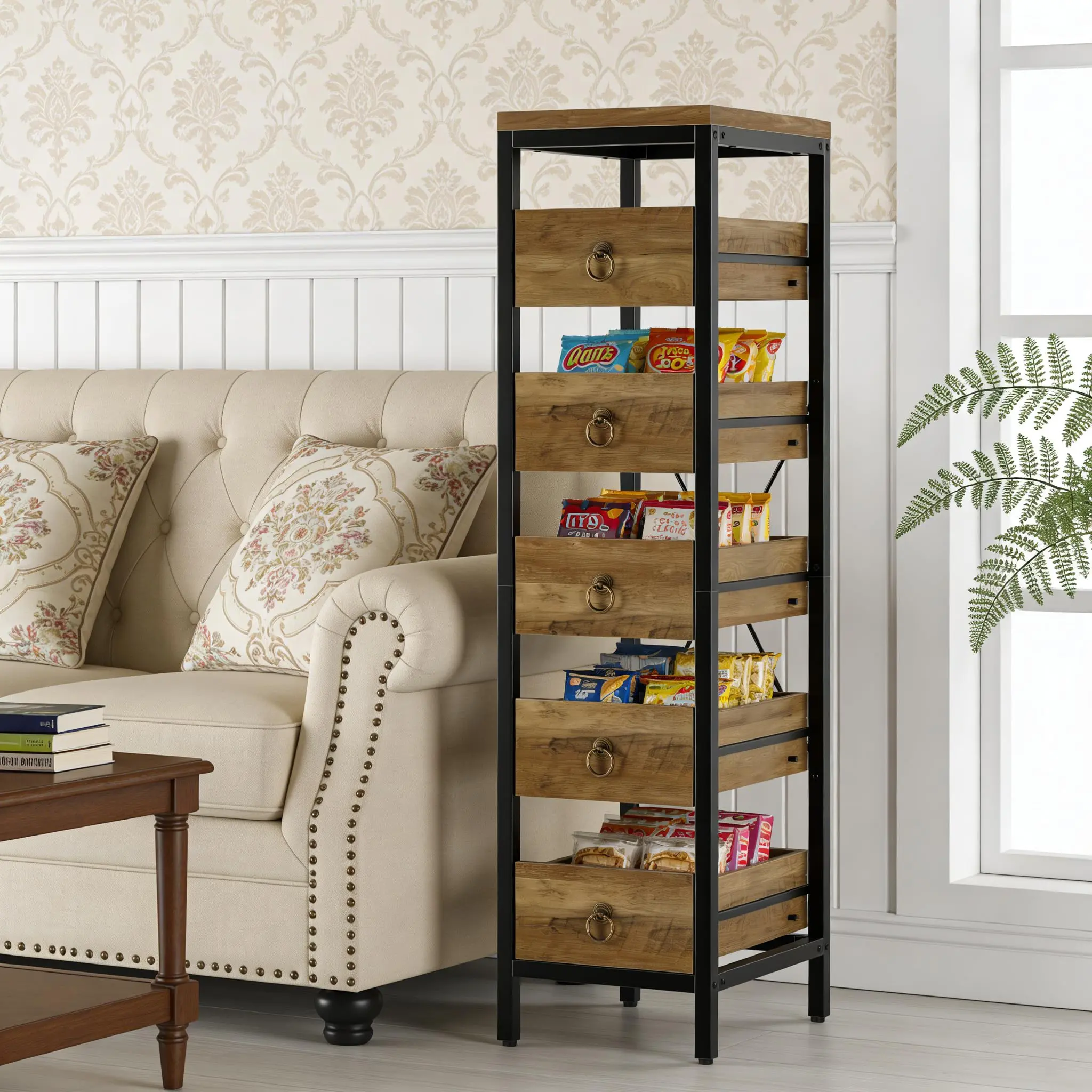 5-Tier Narrow Kitchen Storage Rack – Pull-Out Drawer Baskets – Multi-Purpose Metal Organizer Shelf – Space-Saving for Fruit, Vegetables, Snacks – Ideal for Kitchen, Living Room, Bathroom, Supermarket