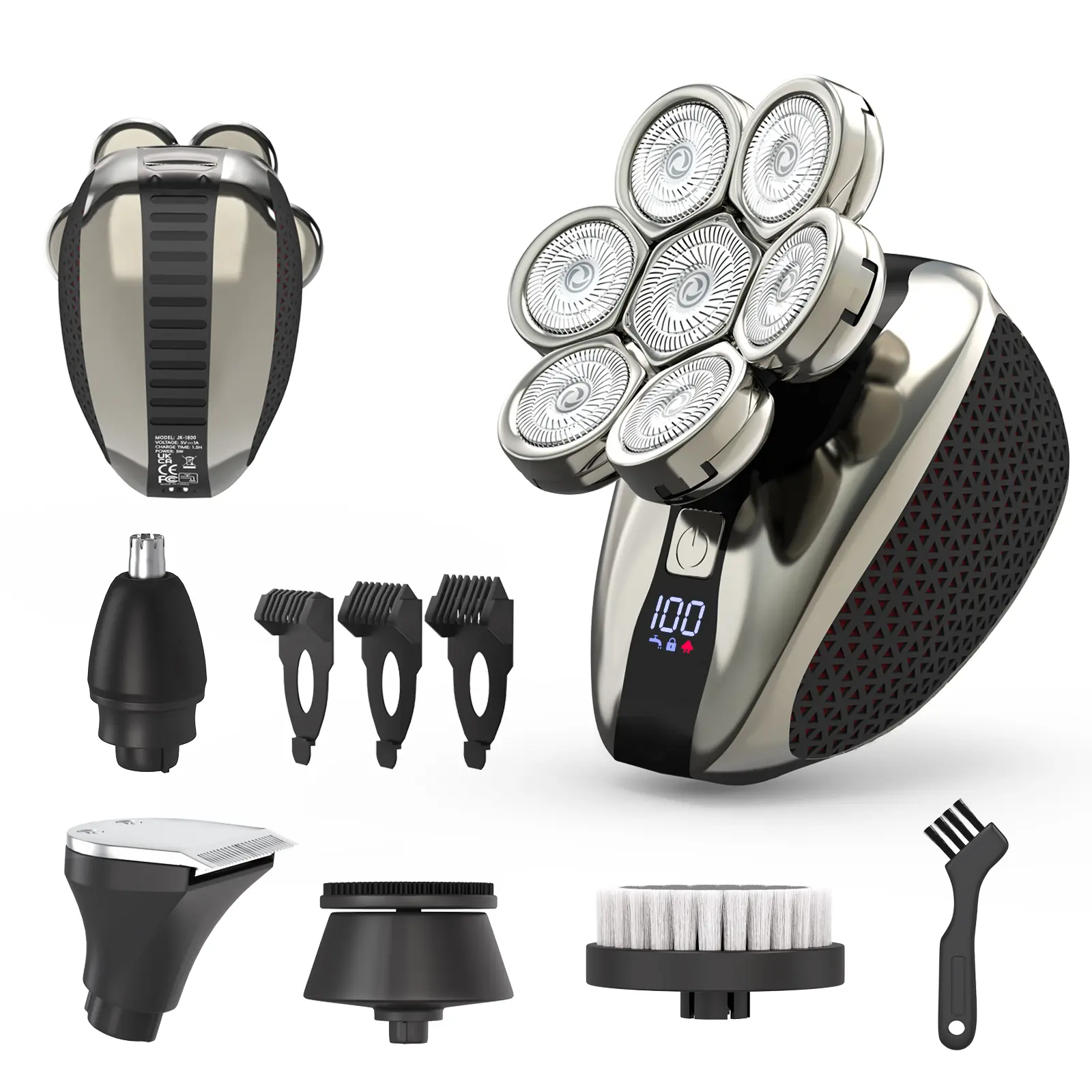 7D Electric Head Shaver for Bald Men - IPX7 Waterproof, 3.7V, LED Display, Detachable Magnetic Head, Type-C Fast Charging, Wet/Dry Shave, Body Cells Care, Attachment Included, Ideal for Home & Travel (Black)