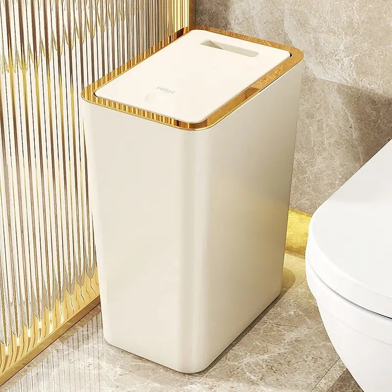 Cream Compact Pop-Up Trash Can 2.6 Gallon 10L, Narrow Waste Bin for Bathroom Kitchen Office Bedroom Home Use Bathroom Essentials Accessories Bathroom Garbage Can Bathroom Trashcan with Lid