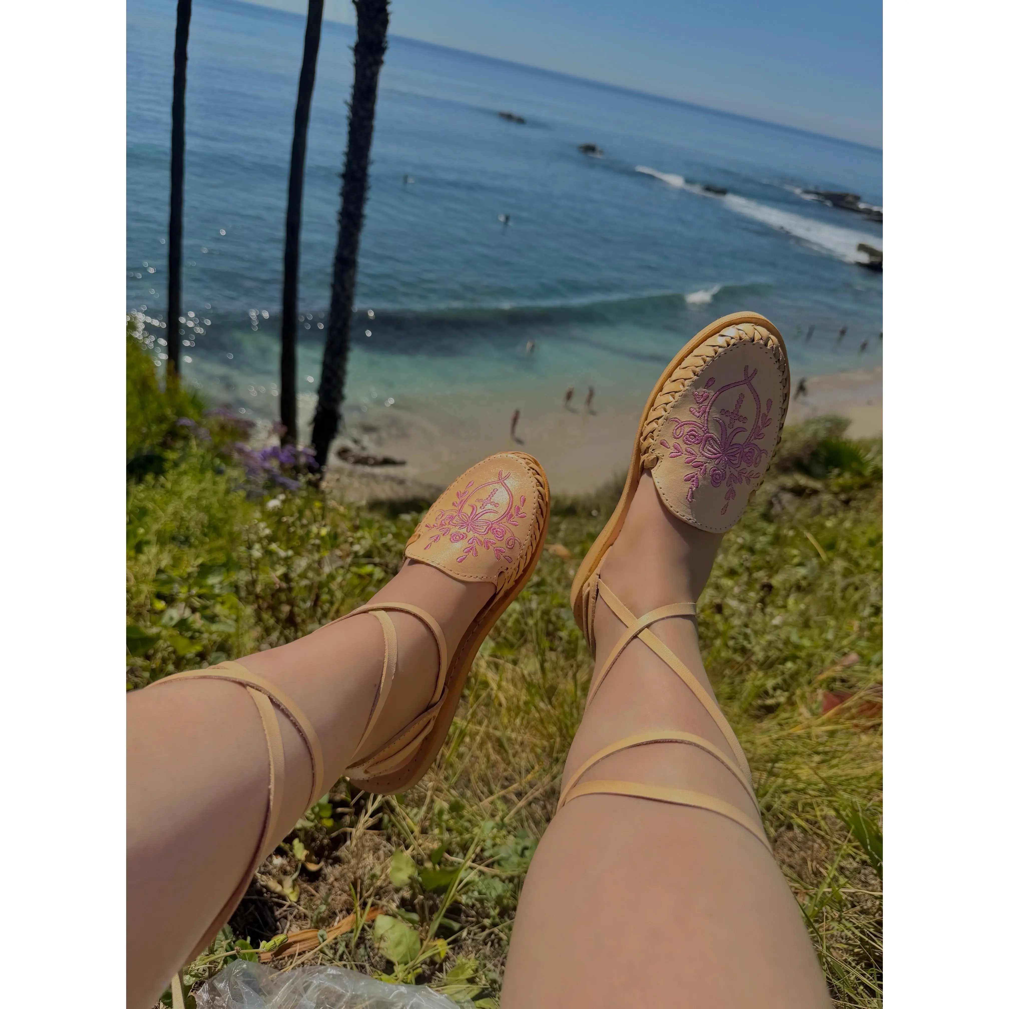 Pink Cross Lace Up Natural Leather Huaraches