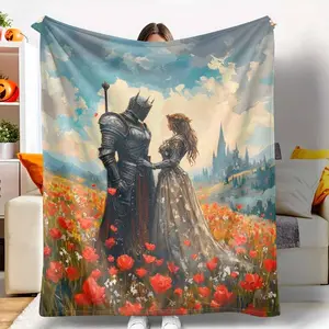 Medieval Knight and Princess Flannel Blanket Romantic Castle Landscape Floral Print Soft Warm Cozy for Bedroom Living Room Wedding Anniversary Gift Home Decor