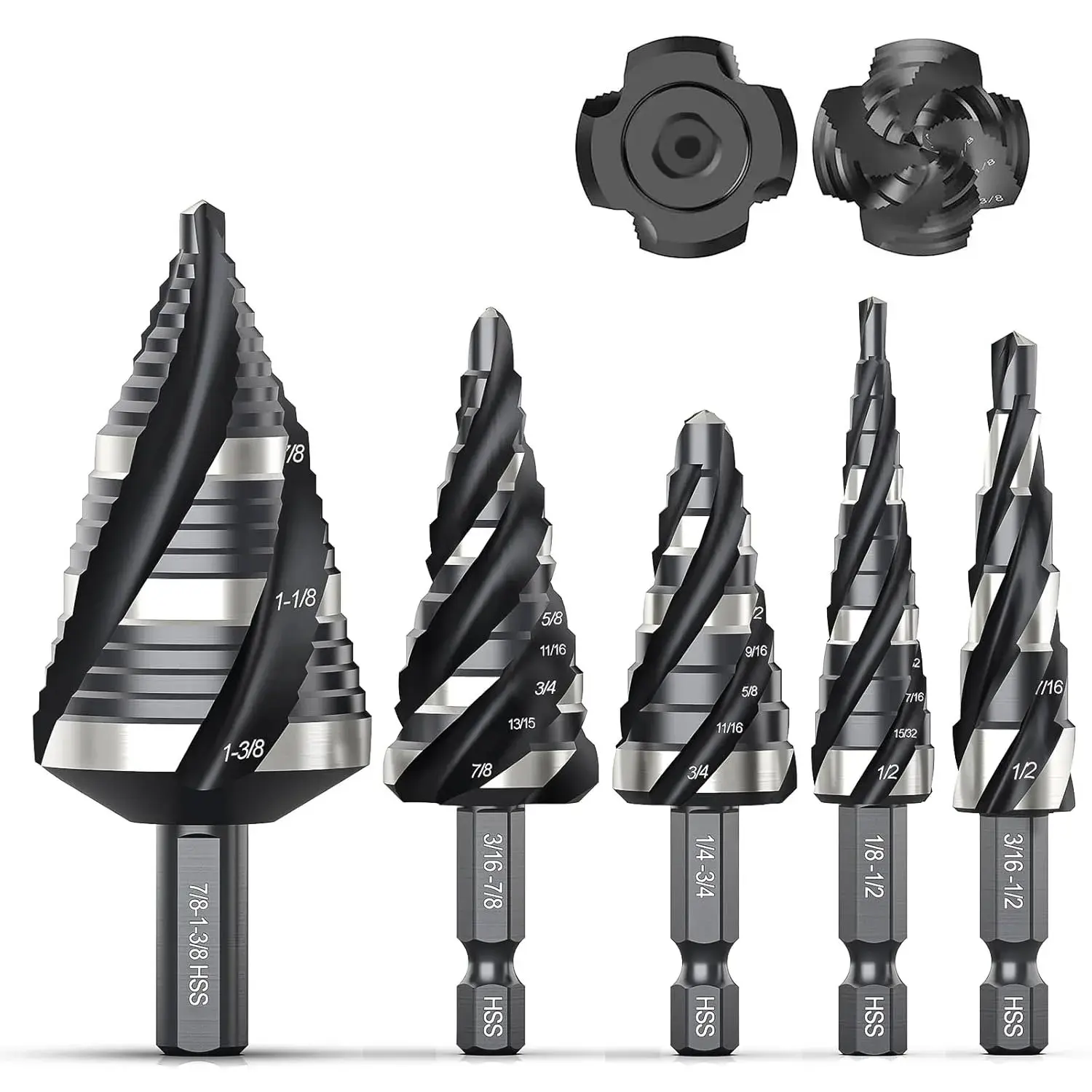 5-Pc HSS 4 Spiral Flute Step Drill Bit Set, 1/8"-1-3/8" Size Range, 1/4"-3/8" Shank Laser-Engraved Unibit for Piercing Holes in Thin Metal, Aluminum, Wood, Plastic with Versatile Drilling Capability & Improved Stability