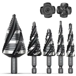 Four Spiral Flute Step Drill Bit Set, 5 Pcs HSS Step Drill Bits (1/8"-1-3/8") Unibit Step Drill Bit, 1/4" and 3/8" Shank Step Bits for Aluminum, Wood, Plastic, MetalQuesear